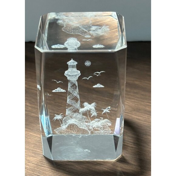 3D Lighthouse Laser Etched Lead Crystal Beveled Glass Paperweight - Picture 4 of 8